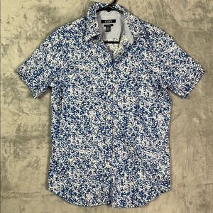 Chaps Blue White Floral Short Sleeve Collared Button Up Shirt Top Size Small